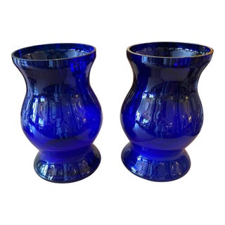 Large Striking Cobalt Blue Glass Candle Hurricanes or Vases- A Pair For Sale