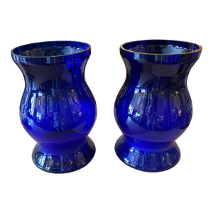 Large Striking Cobalt Blue Glass Candle Hurricanes or Vases- A Pair