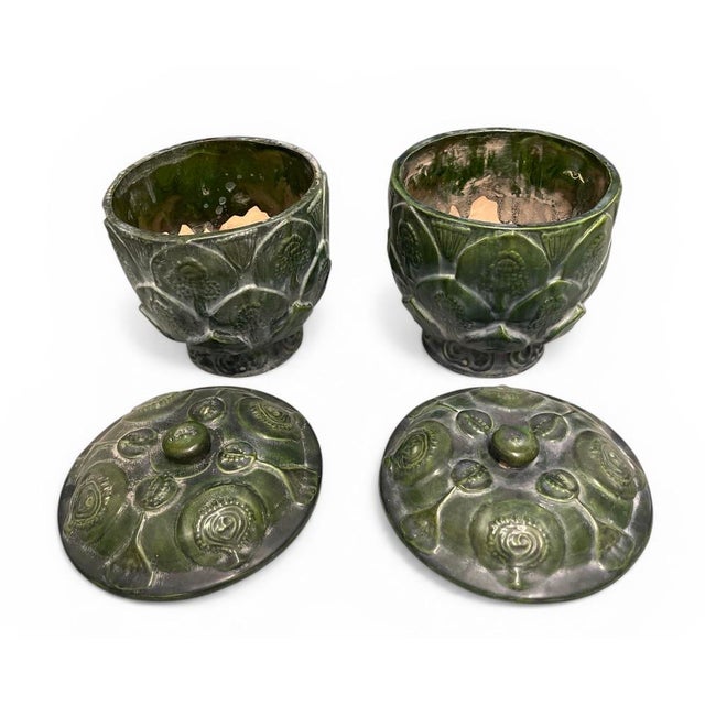 Art Deco Pair of Vintage Mid-Century Modern Artichoke Footed Ceramic Jars With Lid For Sale - Image 3 of 11