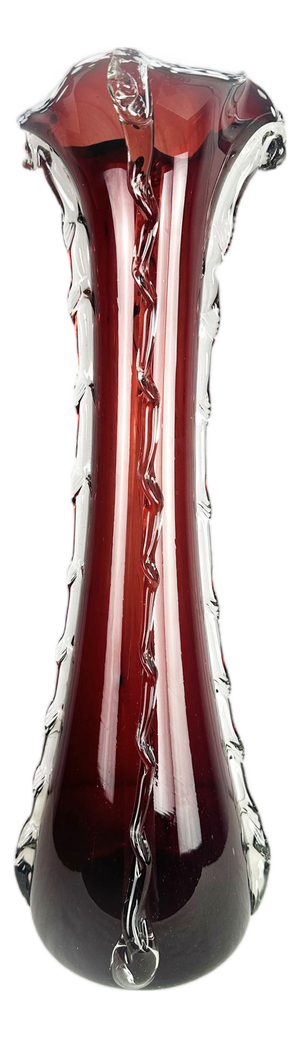 Mid-Century Modern Venetian Handblown Cranberry Red and Clear Glass Vase, Italy, 1960