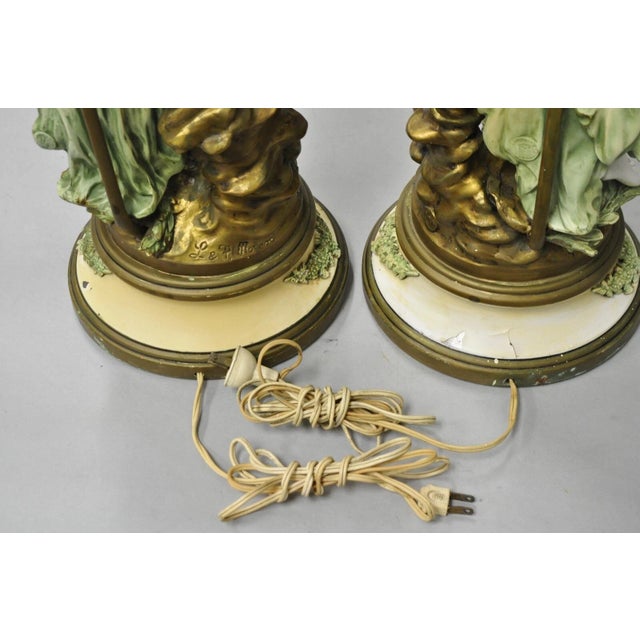 Antique French L&f Moreau Painted Metal Figural Mother & Child Table Lamps Pair For Sale - Image 9 of 12