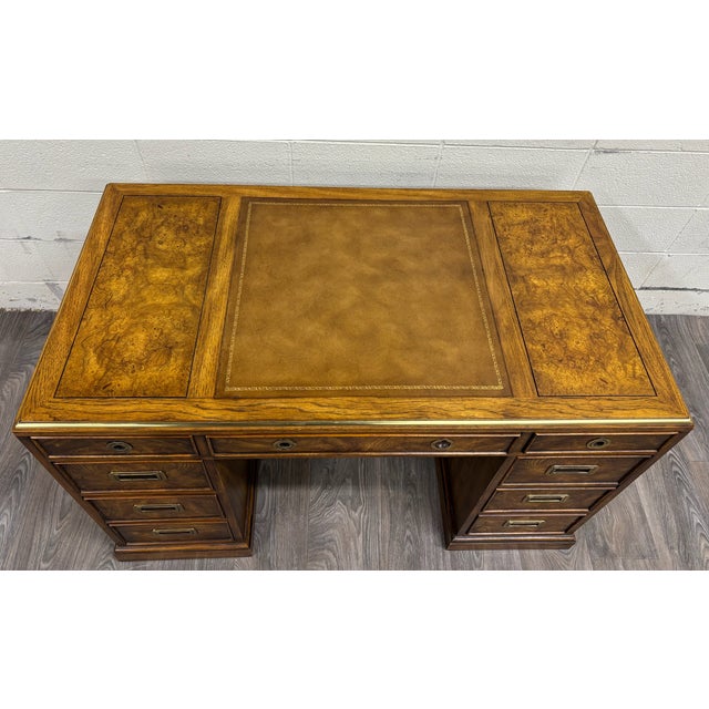 Campaign Vintage Drexel Et Cetera Campaign Style Burl Wood Tooled Leather Executive Desk For Sale - Image 3 of 13
