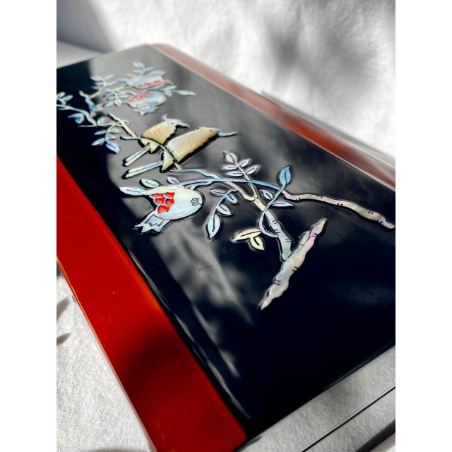Japanese Black Lacquer Smoking Box Mother-of-Pearl Birds & Pomegranates - Mid 20th Century For Sale In San Francisco - Image 6 of 16