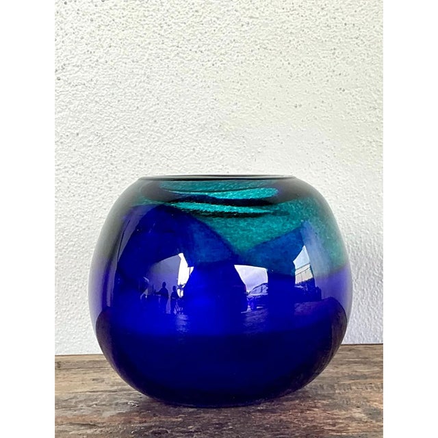Glass Vintage Blue and Green Glass Sphere Vase For Sale - Image 7 of 12