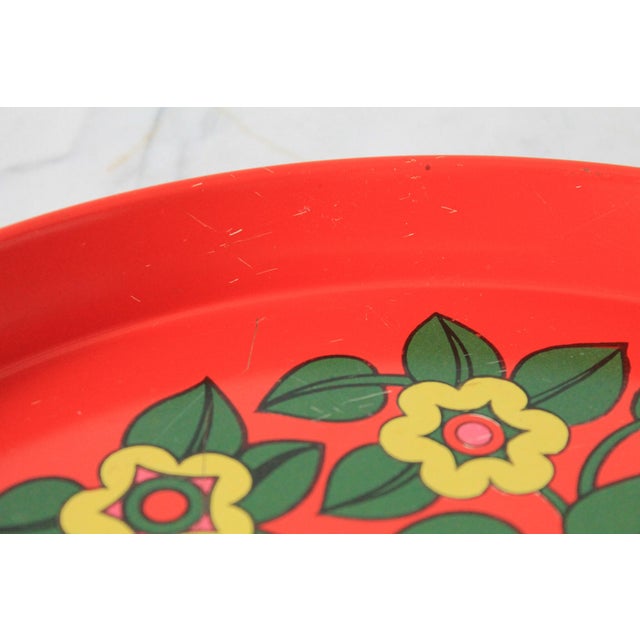 Metal Vintage 1970s Round Red Metal Serving Tray Featuring a Bright "Flower Power" Floral Pattern For Sale - Image 7 of 9