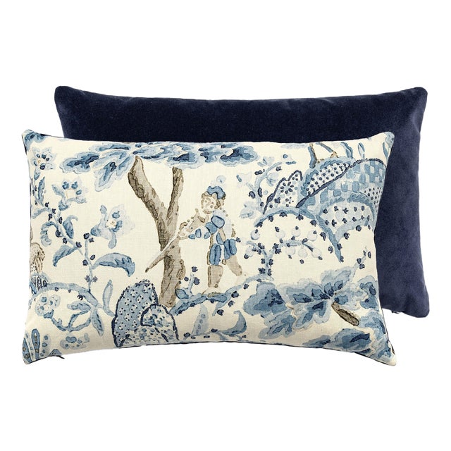 The House of Scalamandré Kelmescott / Aurora Lumbar Pillow, Porcelain/navy, 22 X 14 For Sale