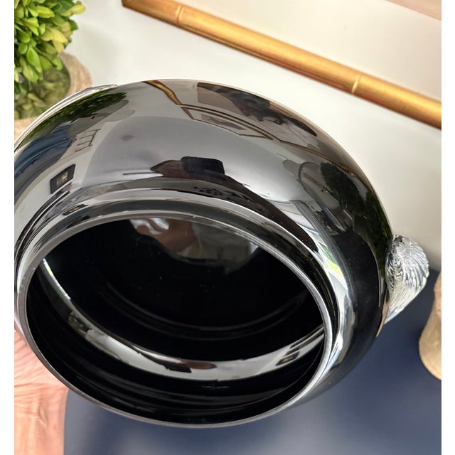 Glass Hand-Blown Black Amethyst Vase Clear Swirled Handles Two's Company Vase Hand-Blown Black Amethyst Clear Swirled Handles For Sale - Image 7 of 9