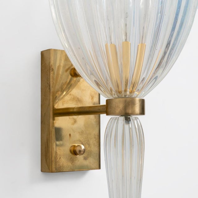 Gold Italian Murano Iridescent Glass and Brass Wall Sconces, 1990, Set of 2 For Sale - Image 8 of 10