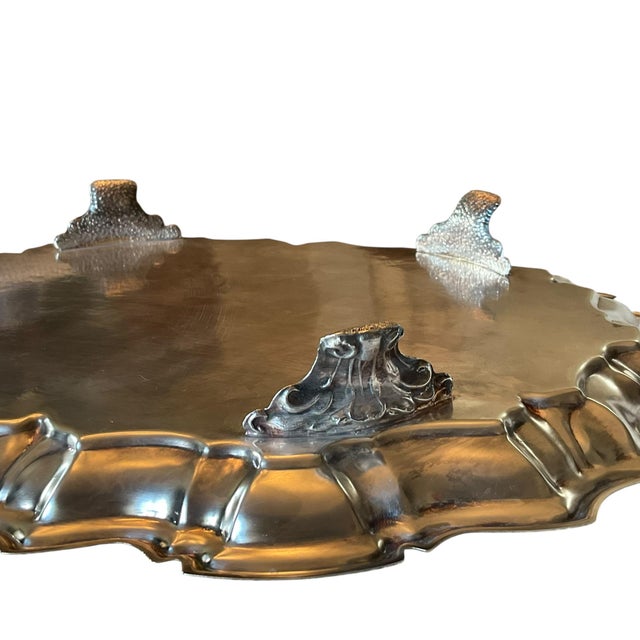 Leonard Vintage Leonard Silver Plate Footed Serving Tray With Ornate Floral Engraving For Sale - Image 4 of 12