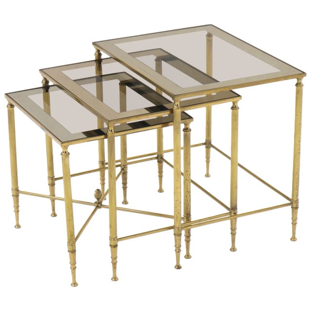 Mid 20th Century Set of 3 Brass Mirrored Border Glass Tops Nesting Tables For Sale - Image 13 of 13