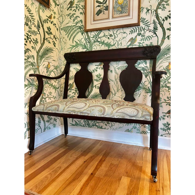 Early 20th Century American Classical Revival / Empire Revival Mahogany Settee With New Paisley Upholstery For Sale - Image 4 of 15