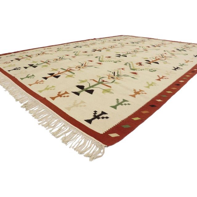 Vintage Romanian Kilim Rug with Folk Art Biophilic Design 08'09 x 12'00.?? Full of tiny details and reflecting elements of...