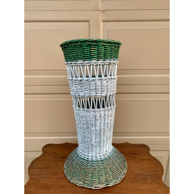 Antique Painted Wicker Umbrella Basket With Green and White Surface For Sale - Image 12 of 12