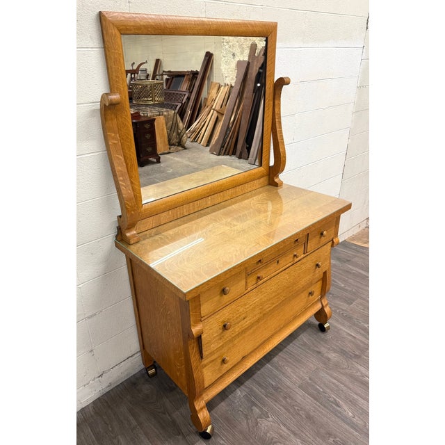 Traditional Antique American Empire Revival Oak Lowboy Dresser Chest of Drawers With Mirror For Sale - Image 3 of 18