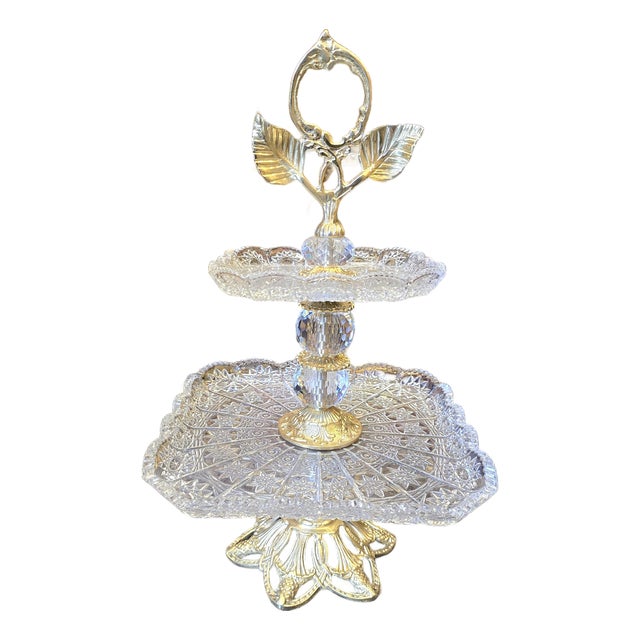 Ornate Brass & Crystal Pedestal Tray for Elegant Table Styling For Sale