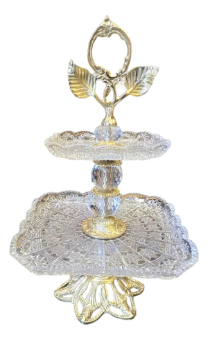 Ornate Brass & Crystal Pedestal Tray for Elegant Table Styling