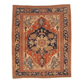 Antique Persian Serapi Carpet Handmade Oriental Rug Light Blue, Ivory, Rusty Red For Sale