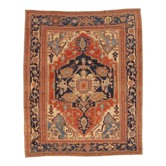 Antique Persian Serapi Carpet Handmade Oriental Rug Light Blue, Ivory, Rusty Red For Sale