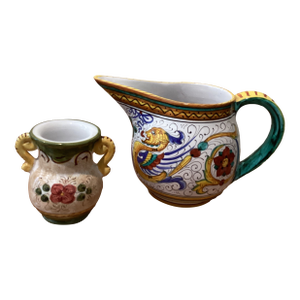 Vintage Pair Majolica Pottery Deruta Raffaellesco Pitcher & Double Handles Floral Vase Cama Deruta Italy