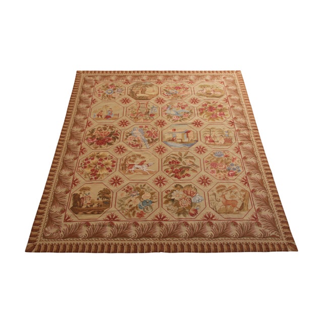 Traditional 1920s Handmade Antique Needlepoint Rug in Beige-Brown Floral Pictorial Pattern For Sale - Image 3 of 6
