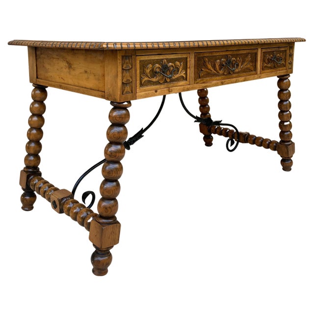 19th Century French Hand Carved Oak Desk with Iron Stretcher For Sale - Image 15 of 18