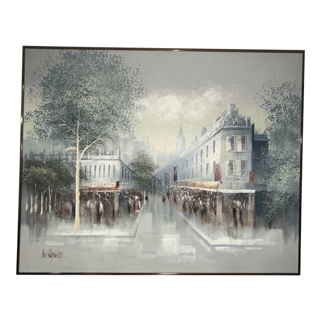 Large 60x48 Vintage Vanguard Studios Lee Reynolds Textured Chicago Cityscape Impasto Oil Painting, Mid-Century Modern For Sale