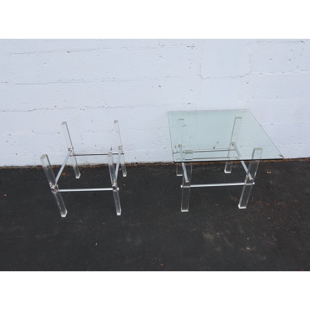 Glass Hollywood Regency Lucite Acrylic Glass Top Pair of Side Tables 6592 For Sale - Image 7 of 18