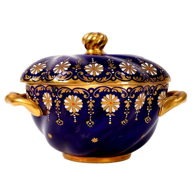 Antique Coalport Jewelled Cobalt Blue Twin-Handled Covered Bowl, 1872 For Sale - Image 3 of 14