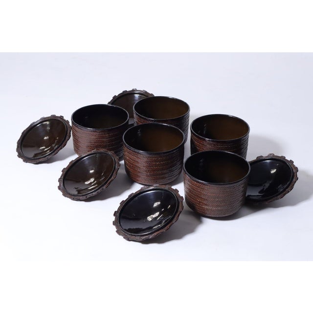 Early 20th Century Meiji Japanese Bamboo Basket Soup Rice Bowls Lids Box Lacquer- Set of 5 For Sale In Los Angeles - Image 6 of 15
