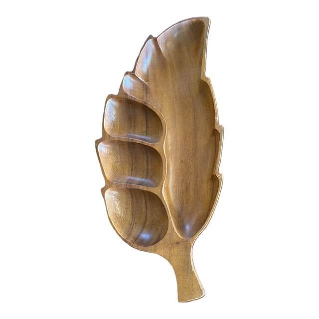 Mid 20th Century Danish Modern Oversized Wooden Divided Leaf Platter Tiki Hawaiian Entertaining For Sale