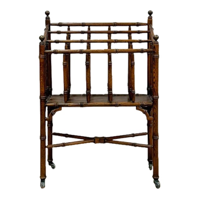 Vintage Magazine Rack English Canterbury Dark Faux Bamboo Wheels Rare Find For Sale