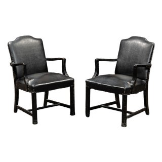 Pair of Black Leather Revival Armchairs With Nailhead Trim For Sale