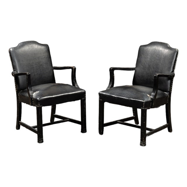 Pair of Black Leather Revival Armchairs With Nailhead Trim For Sale