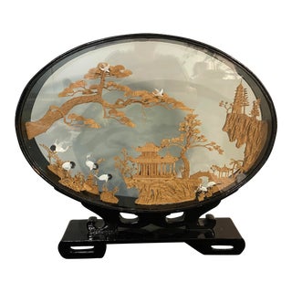 Mid 20th Century Vintage Asian Carved Cork Landscapes Scene in Black Lacquer Oval Wood Pedestal Frame For Sale