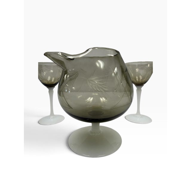 Mid 20th Century Vintage Mid-Century Etched Smoke Glass & White Opaline Stem Cocktail Pitcher Set - 5 Pieces For Sale - Image 5 of 8