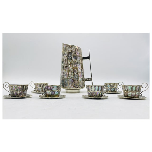 Metal 1960s Mexican Alpaca Silver & Abalone Water Pitcher Set After Los Castillo For Sale - Image 7 of 13