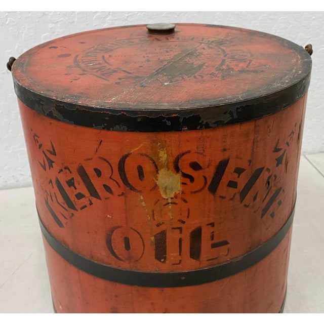 Early 20th c. Red Stenciled Kerosene Oil Can Fantastic old school wooden and metal strap hand made kerosene oil can....