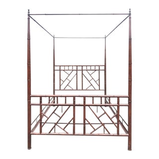Chippendale Chinoiserie Style Faux Bamboo Fretwork Queen Sized Canopy Bed For Sale