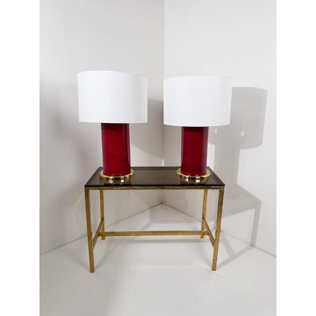 Italian Ruby Red Glazed Ceramic and Brass Twin Table Lamps, 1970s, Set of 2 For Sale - Image 6 of 18
