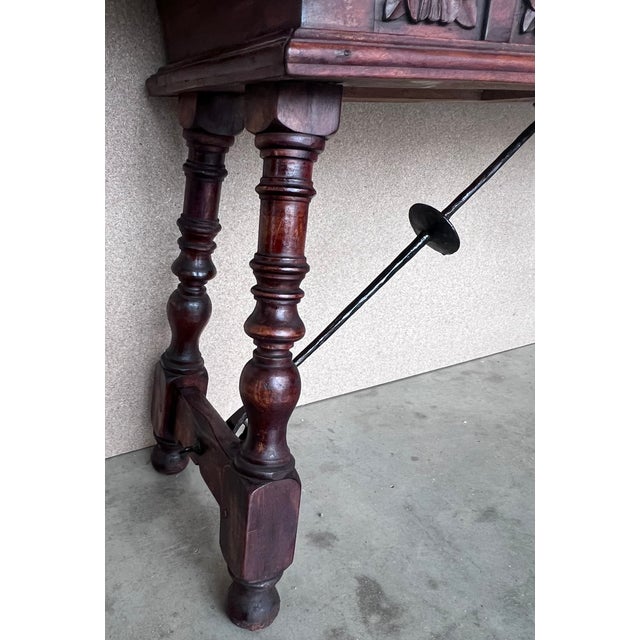 19th Spanish Console Table With Two Carved Drawers and Original Hardware For Sale - Image 9 of 11