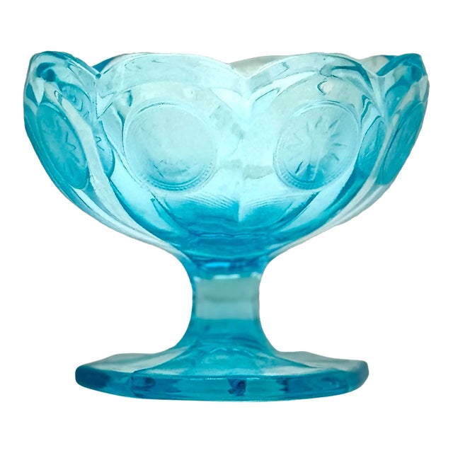 Vintage Art Glass Bowl: Cerulean Turquoise Vintage Mid Century Coin Dot Art Glass Nut Bowl For Sale