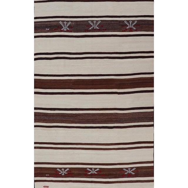 Mid 20th Century Turkish Vintage Flat-Weave in Shades of Brown and Ivory With Stripe Design For Sale - Image 5 of 10