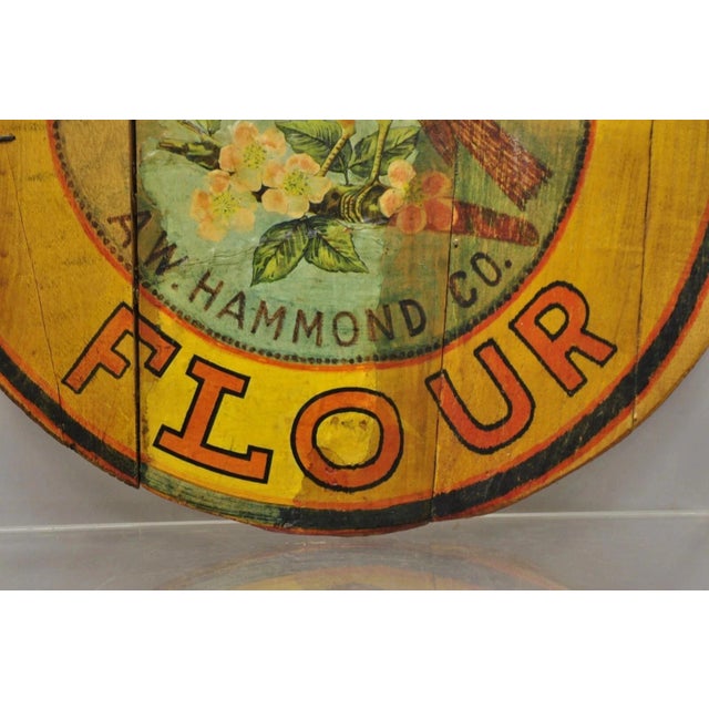 Orange Vintage Cock Robin Flour Aw Hammond Co Round Wood Advertisement Plaque For Sale - Image 8 of 11