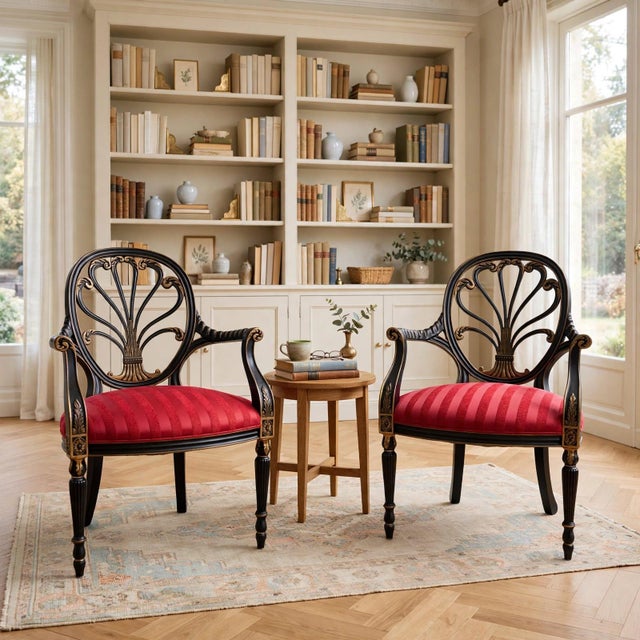Pair of vintage armchairs by Hickory Chair Company capturing the drama of the Neoclassical style and drawing inspiration...
