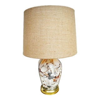 Vintage Coastal Seashell-Filled Glass Table Lamp With Burlap Shade For Sale