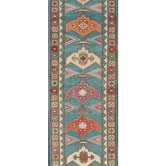 Vintage Turkish Oushak Runner With Teal, Rust, Ivory, and Lavender Tones For Sale - Image 4 of 13