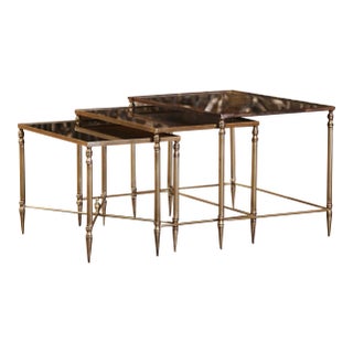 French Maison Bagues Brass and Églomisé Glass Nesting Tables - Set of 3, Mid-Century For Sale