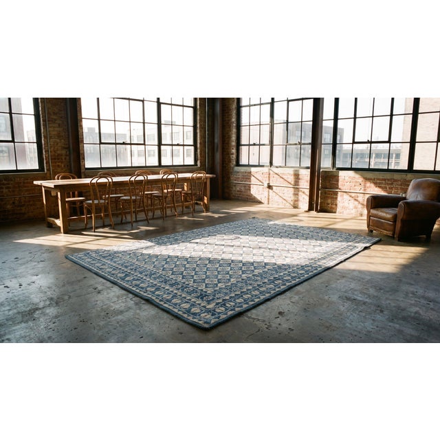 1920s Blue White Geometric Antique Indian Agra Cotton Carpet 4' X 7' Handknotted Rug For Sale - Image 11 of 11