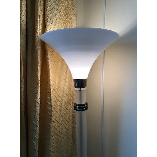 Rare Mid Century Modern Brass Banded Floor Torchiere with Clea Lucite 14" Base and Frosted Lucite Body and Black Lucite...