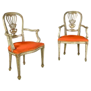 Set of Antique Italian Green and Gold Wooden Armchairs with Orange Cushions, 1700s